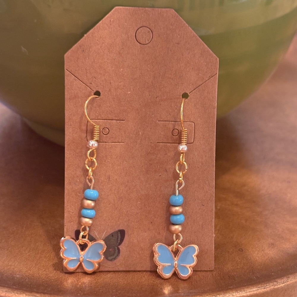 Gold-Tone Blue Butterfly Drop Earrings